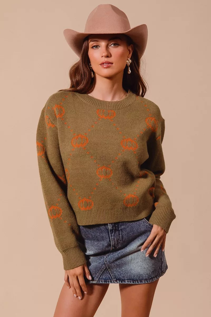 Pumpkin Rhombus Halloween Thanksgiving Sweater Top – Festive Cozy Knit