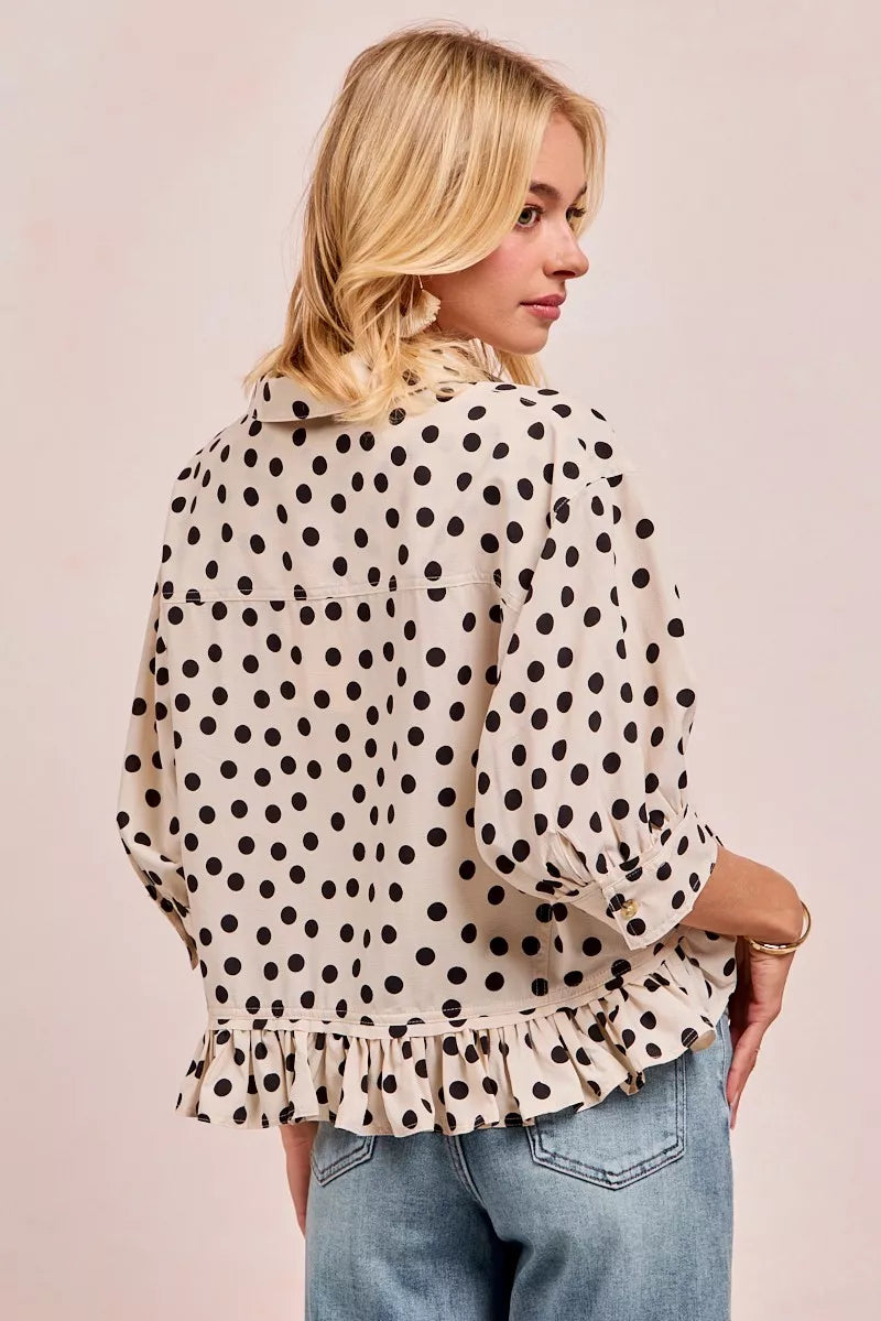 BiBi Polka Dot Peplum Top – Cute Front Button Feminine Chic Style