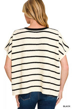 Back view striped oversize sweater top with short sleeves, black and cream horizontal stripes