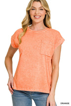 Washed orange short-sleeve tee with chest pocket and cuffed sleeves