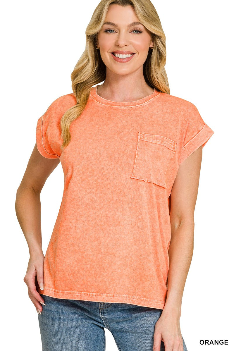 Washed orange short-sleeve tee with chest pocket and cuffed sleeves