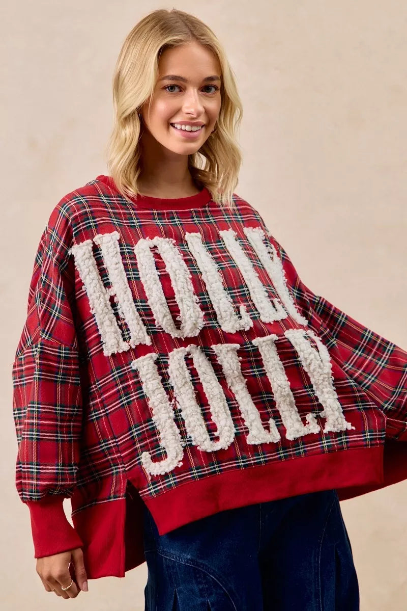 Holly Jolly Christmas Plaid Oversized Sweatshirt – Festive Holiday Top