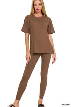 Brown short-sleeve loungewear top and leggings set with crew neckline