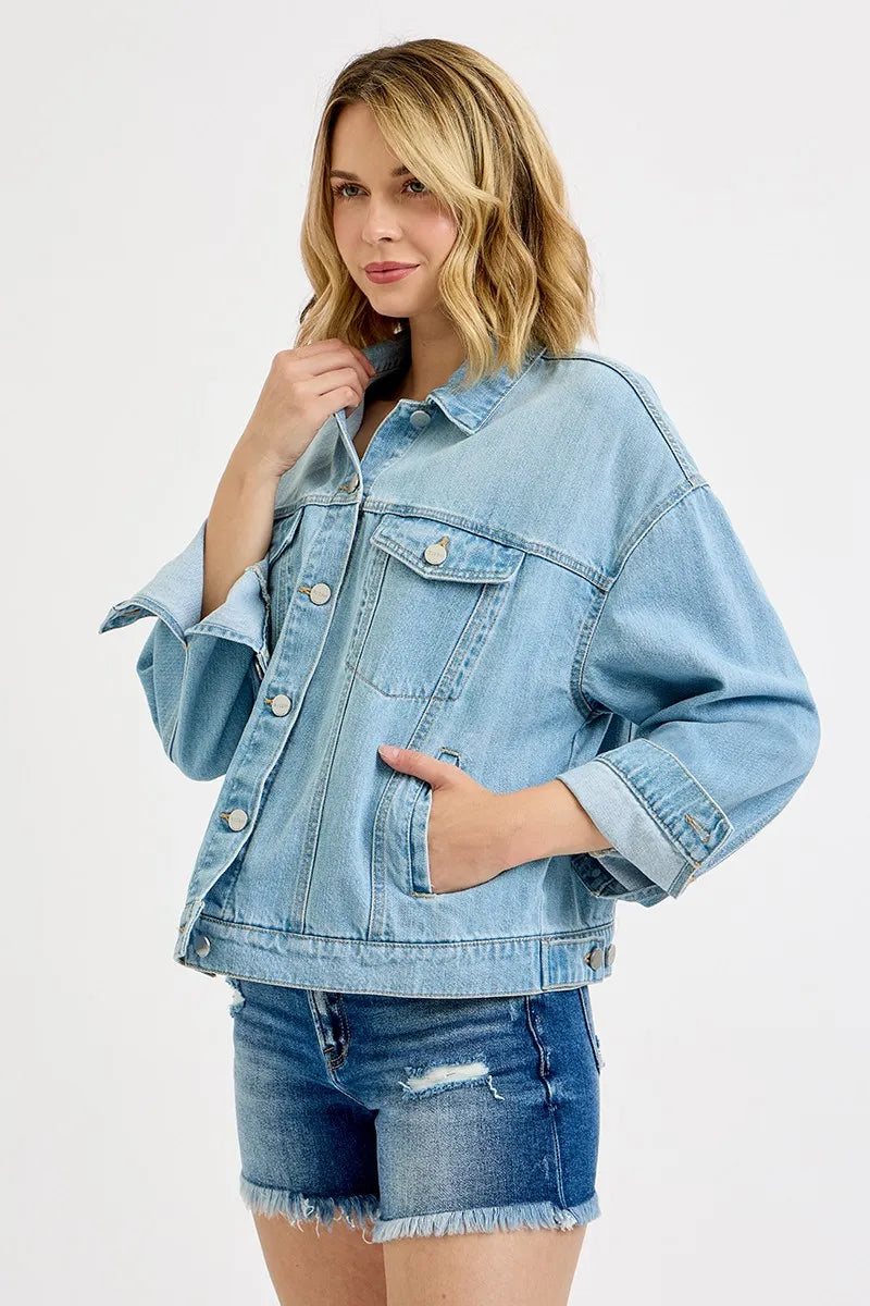 Oversized Light Wash Denim Jacket – Trendy Boyfriend Fit Layering Piece