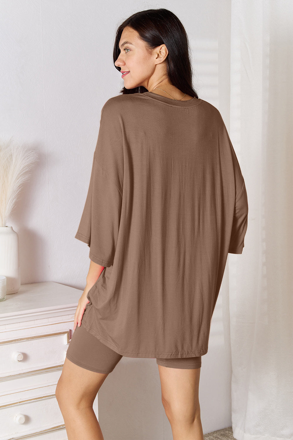 Mocha rayon 3/4 sleeve tunic top and biker shorts set, back view