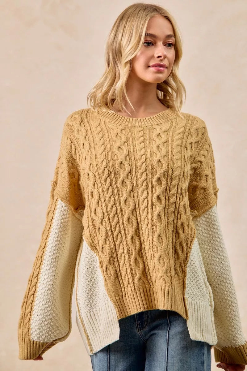 BiBi Cable Knit Hacci Combo Sweater – Stylish Texture with Uneven Hem