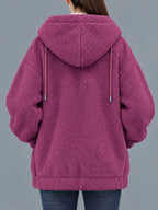 Rose red fleece zip-up hoodie, back view with hood and two drawstring cords