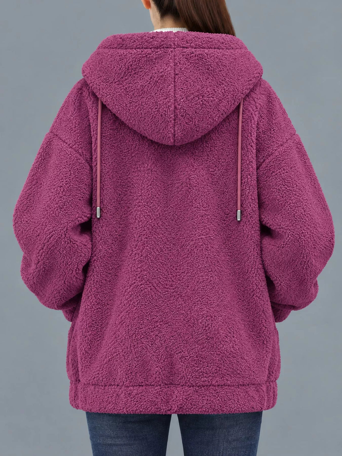 Rose red fleece zip-up hoodie, back view with hood and two drawstring cords