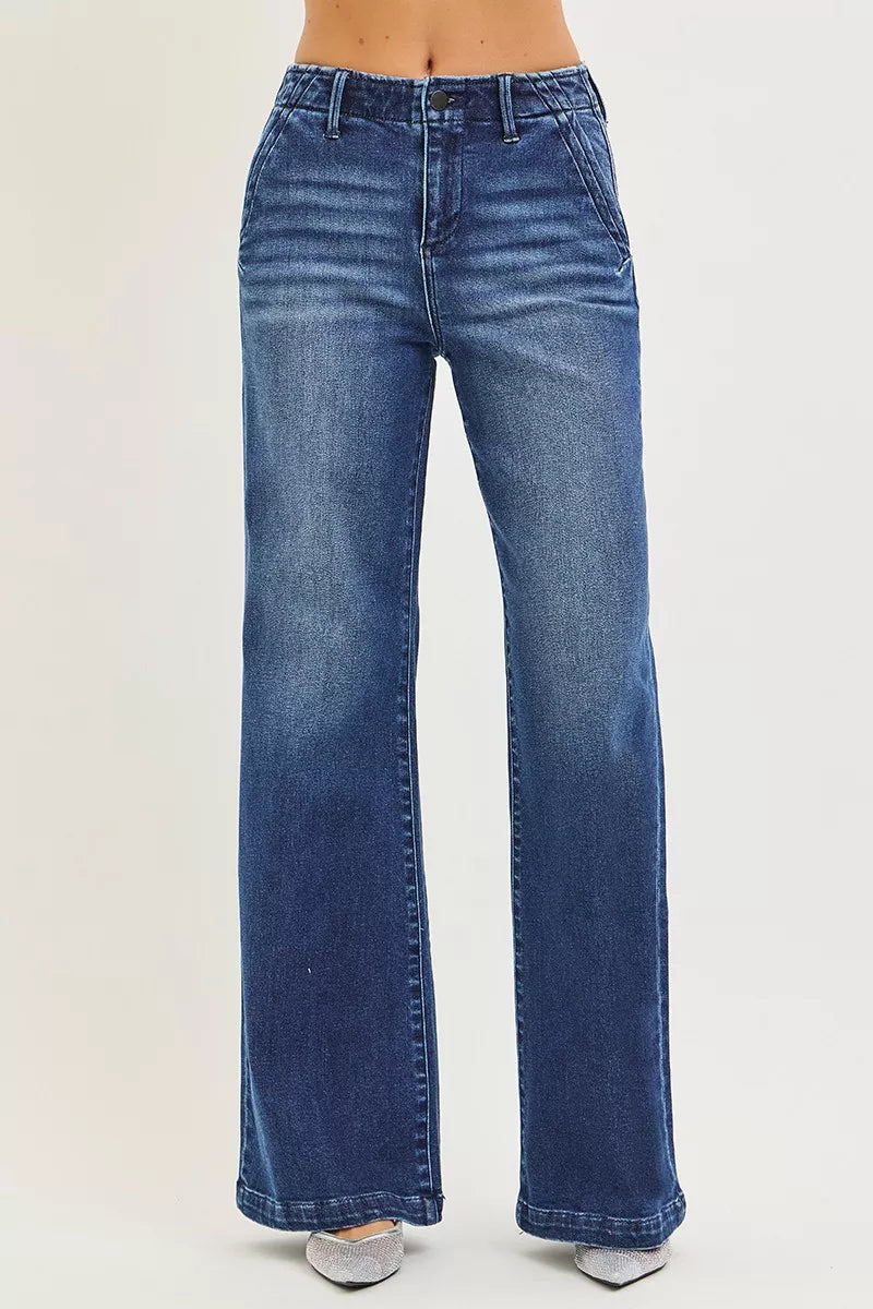 Women’s high-rise wide-leg dark blue jeans with front fly and vertical seaming