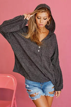 Charcoal textured hooded knit hoodie with front buttons and long sleeves