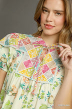 Floral Tie Neck Puff Sleeve Dress Feminine, Vintage Inspired Style