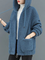 Blue fleece zip-up hoodie with hood, zipper front, and side pocket