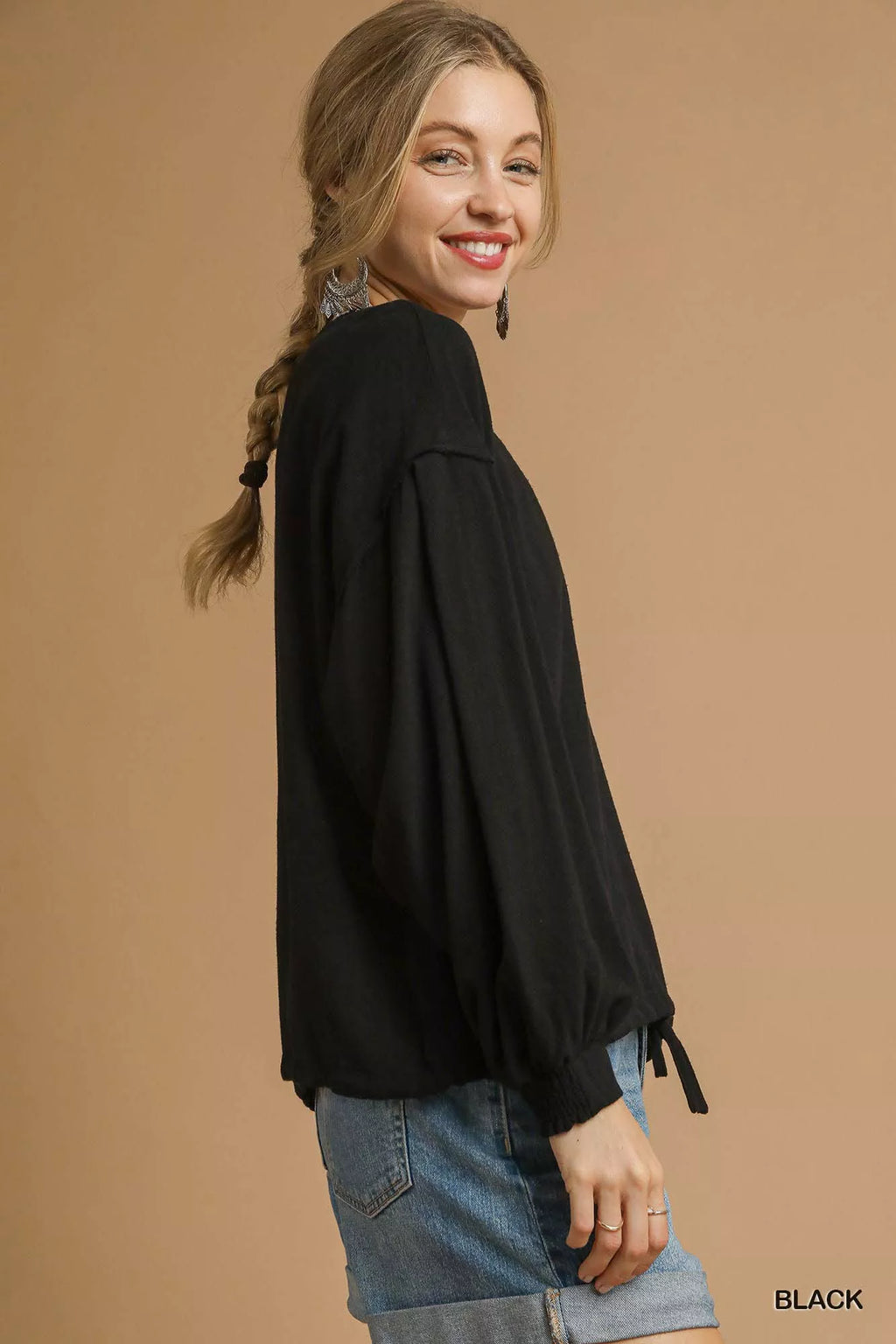 Linen Long Sleeve Top with Drawstring Detail Plus Women’s Versatile Shirt