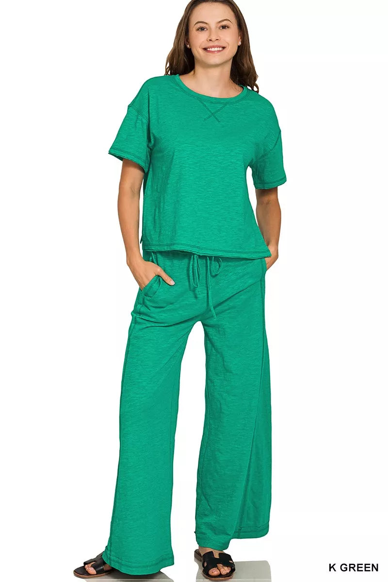 Zenana Cotton Slub Tee & Pants Set – Soft, Casual Everyday Comfort