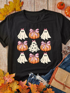 Halloween Ghost Pumpkin Graphic T-Shirt with Bowknot – Festive Tee