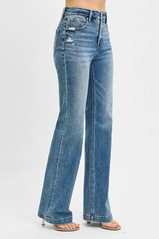 Dreamkue-Risen Women's Distressed Bootcut Jeans High Waist Stretch Denim Pants