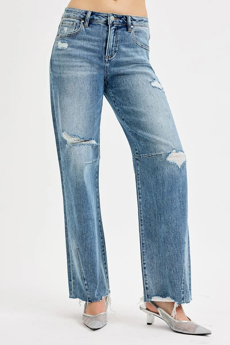 Dreamkue-Risen Women's Mid Rise Wide Baggy Leg Jeans Tie Washed Fit Denim