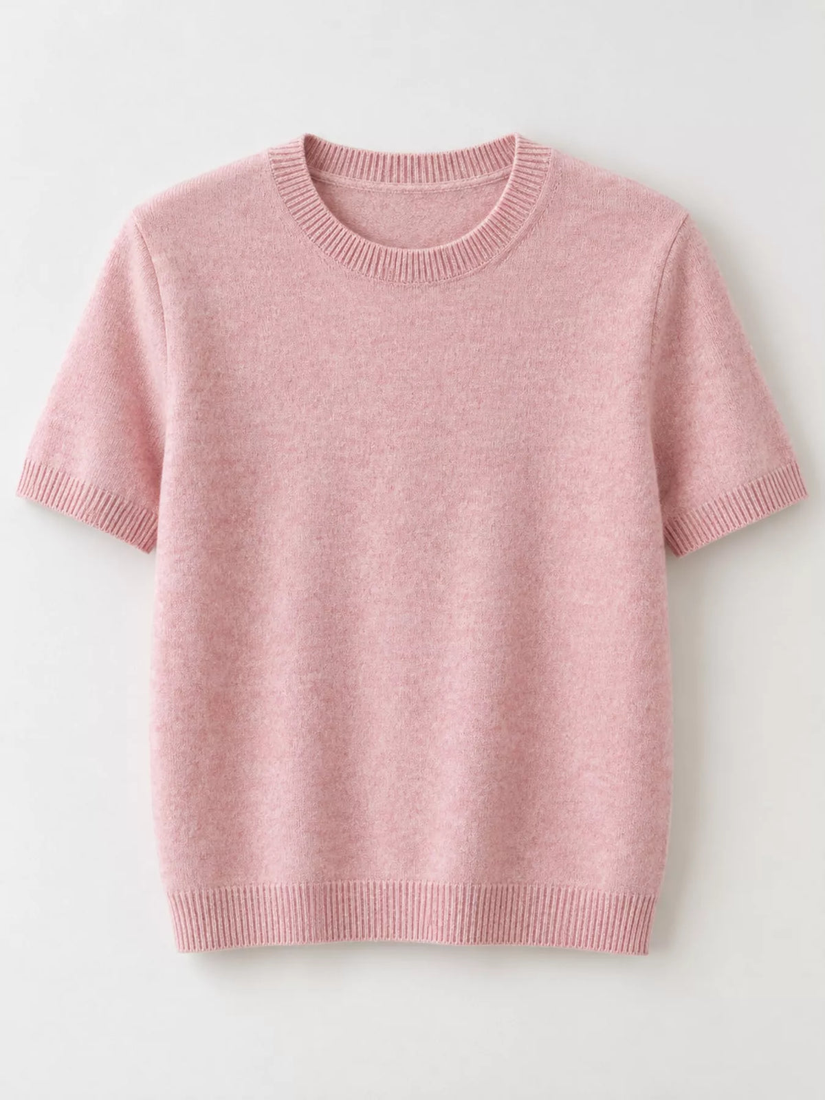 Dusty pink round-neck short-sleeve sweater, simple knit with ribbed bottom