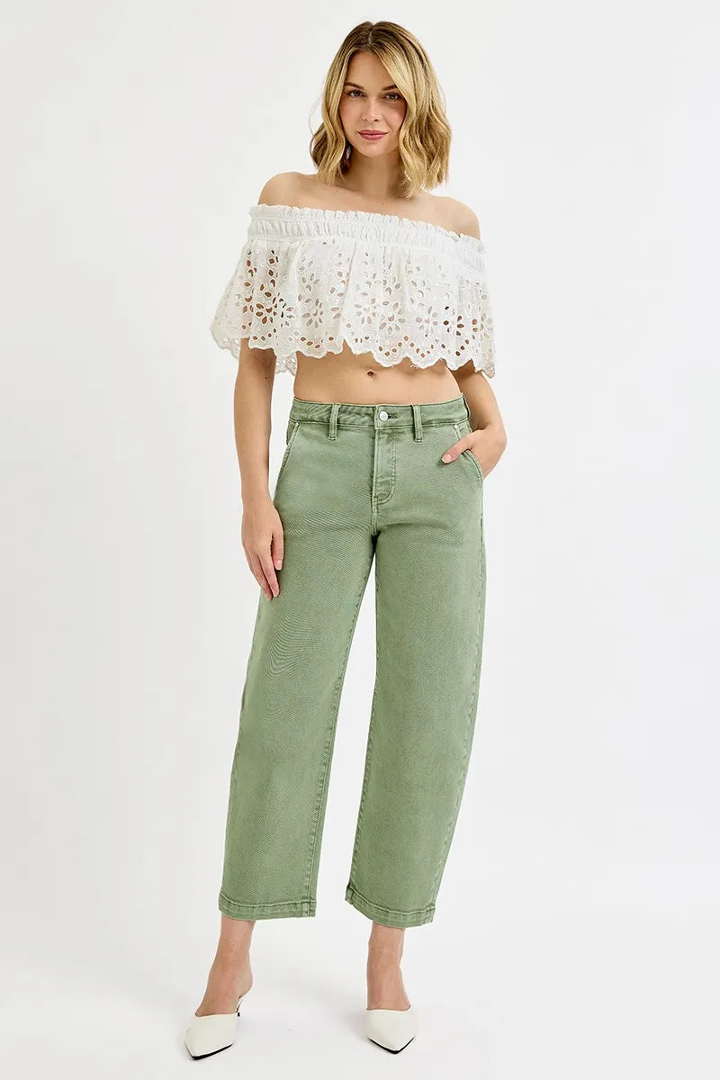 Olive high-rise crop barrel jeans, full front view with belt loops and button closure