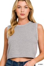 Grey cropped sweater vest with ribbed hem and stitch-detail neckline