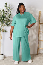 Chic Round Neck Slit Top & Pants Set – Stylish, Comfy & Versatile