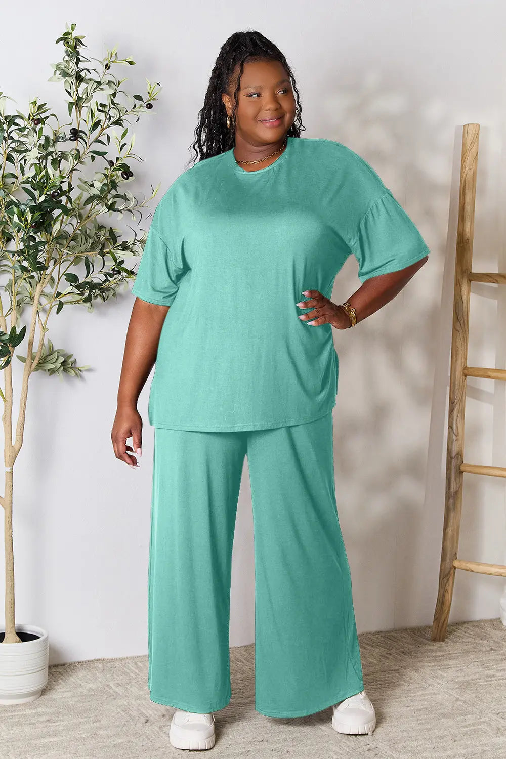Chic Round Neck Slit Top & Pants Set – Stylish, Comfy & Versatile