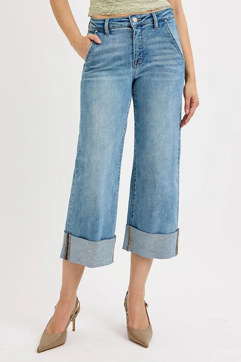 Dreamkue-Risen Women's High Rise Tummy Control Ankle Jeans with Wide Cuffed Hem