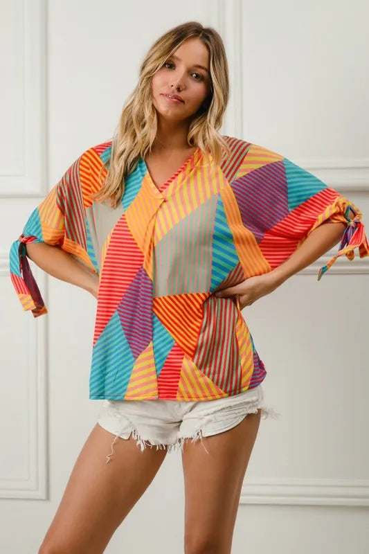 Geometric Print V-Neck Blouse – Colorful, Lightweight & Feminine