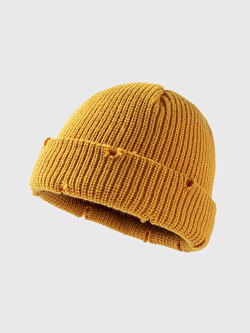 Distressed Cuffed Knit Hat – Edgy Cozy Winter Beanie