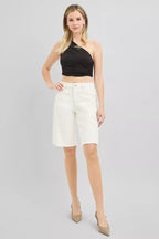 Cream denim bermuda shorts with floral embroidery and frayed hem