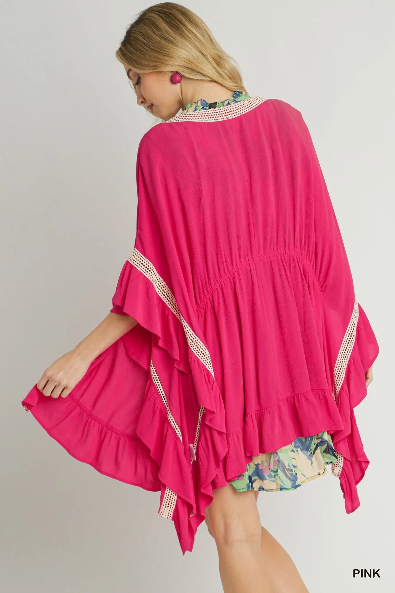 Boho Ruffle Trim Kimono with Crochet Accents Lightweight & Stylish