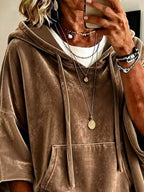 Camel velvet kangaroo pocket hoodie with hood and front pocket stitching detail