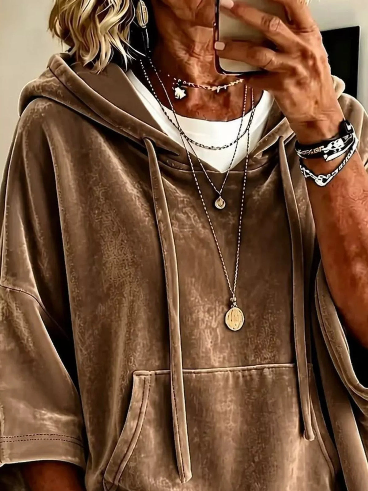 Camel velvet kangaroo pocket hoodie with hood and front pocket stitching detail
