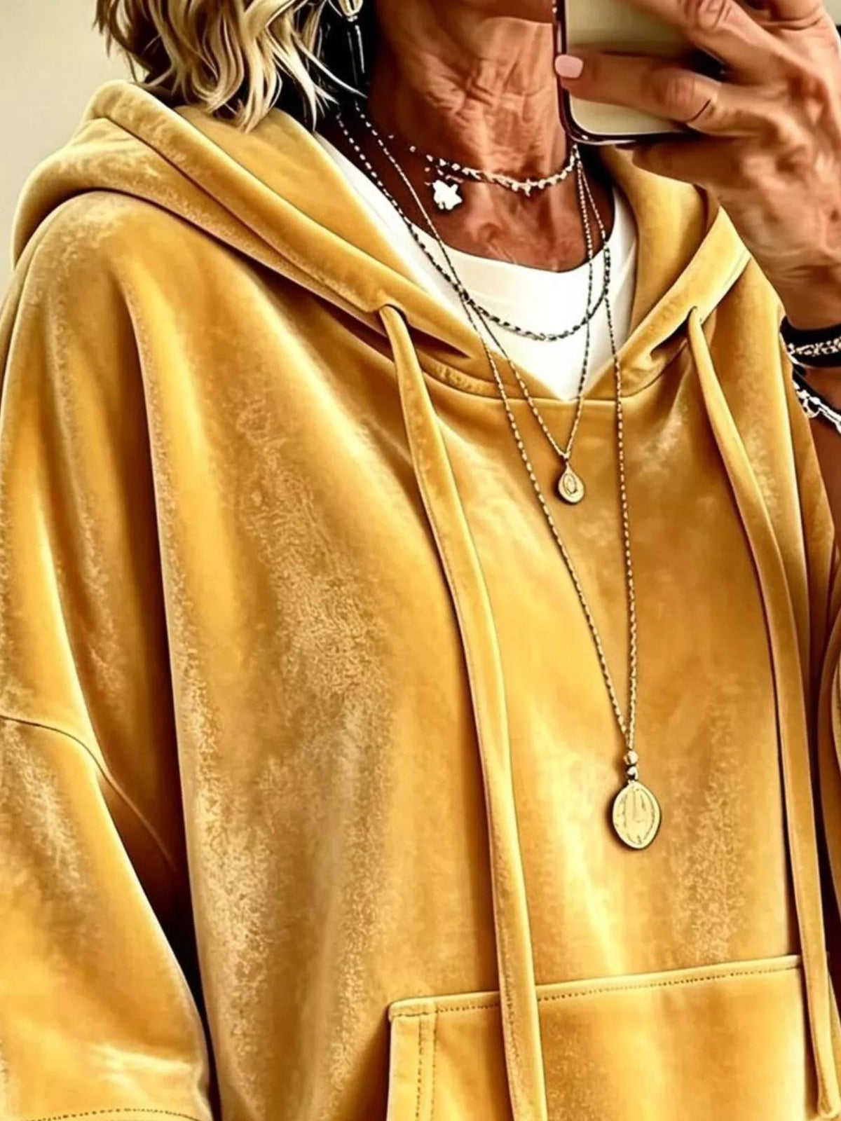 Yellow velvet hoodie close-up with hood, drawstring ties, and layered necklace look.