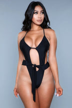 Black cut-out one-piece swimsuit with bow tie belt and plunging keyhole front