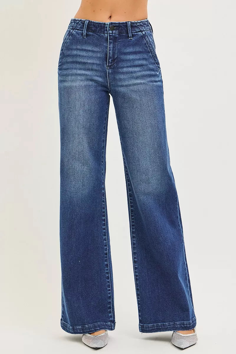 Women’s high-rise wide-leg dark blue jeans with button fly and belt loops