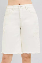 Cream floral-embroidered denim bermuda shorts with frayed hem and button fly