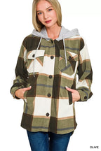 Women’s plaid fleece shacket with drawstring hood, button front, olive and cream blocks.