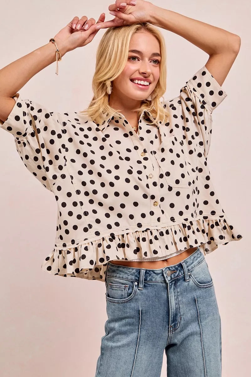 BiBi Polka Dot Peplum Top – Cute Front Button Feminine Chic Style