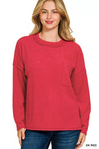 Zenana Ribbed Brushed Melange Hacci Sweater with Chest Pocket – Cozy & Chic