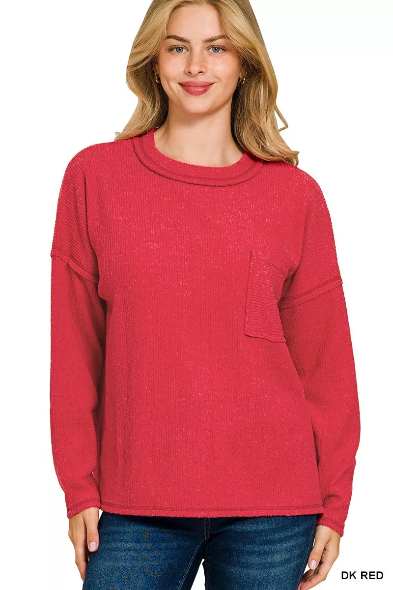 Zenana Ribbed Brushed Melange Hacci Sweater with Chest Pocket – Cozy & Chic