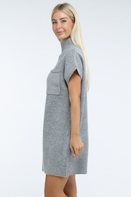 Zenana Mock Neck Short Sleeve Sweater Dress with Pocket