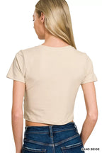 Sand beige cropped top, round neck short sleeves, back view