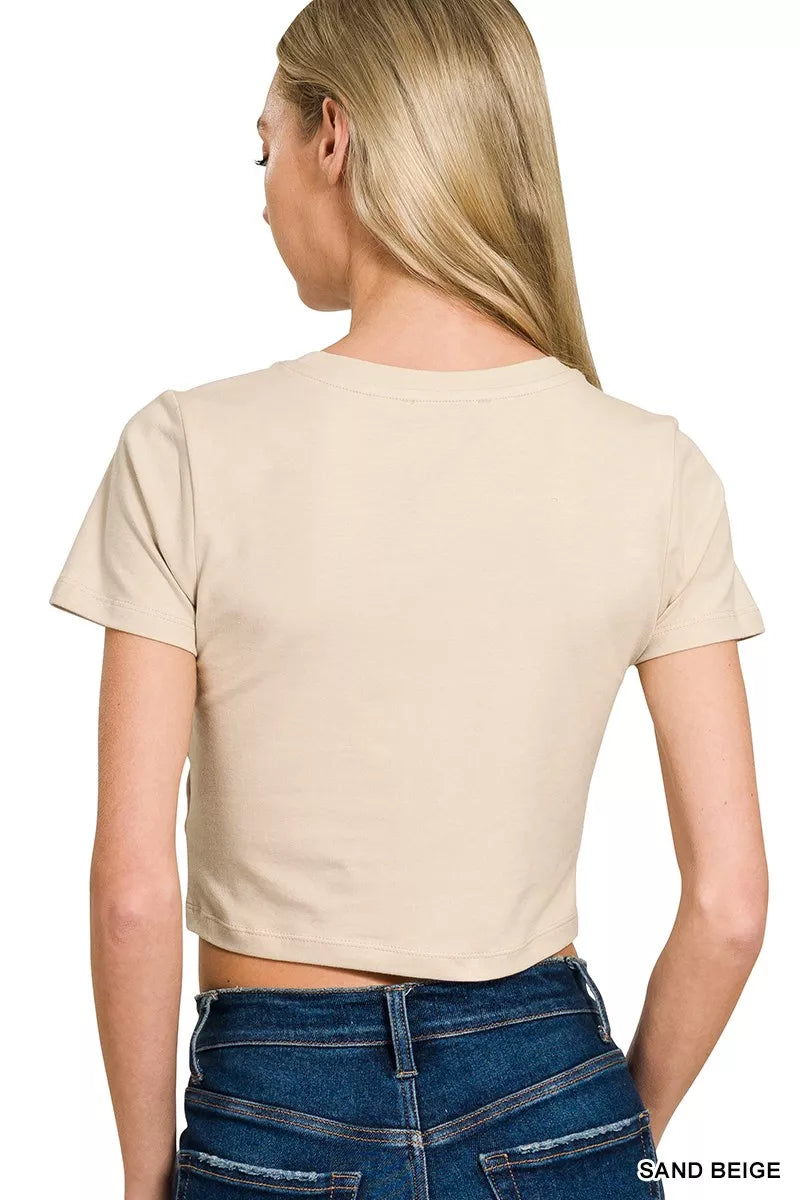 Sand beige cropped top, round neck short sleeves, back view