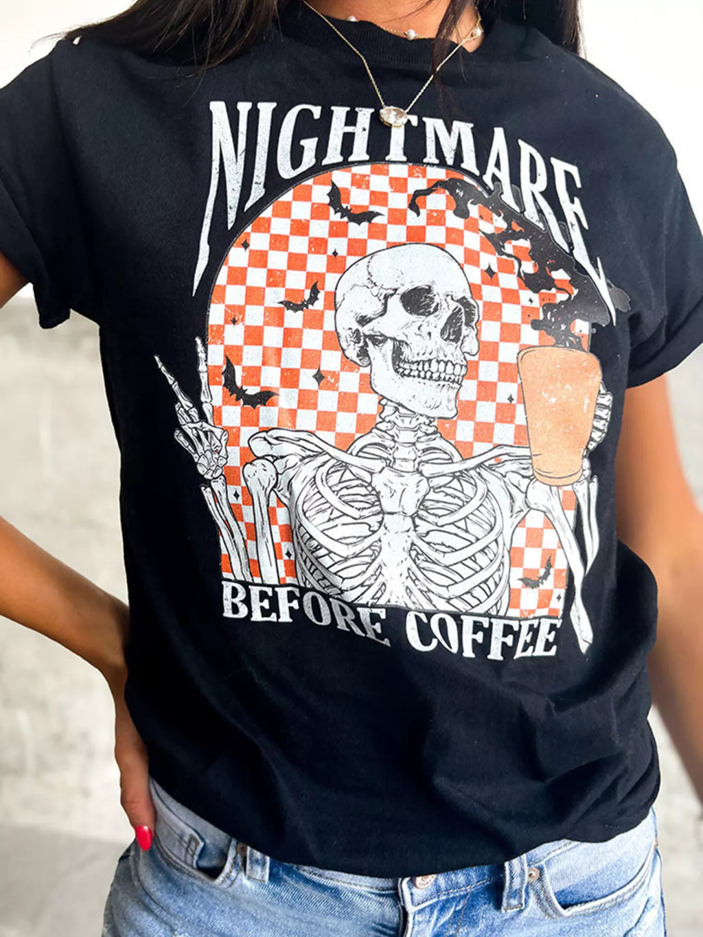 Halloween Skull Checkerboard Graphic Tee – Round Neck T-Shirt