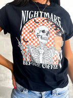 Halloween Skull Checkerboard Graphic Tee – Round Neck T-Shirt