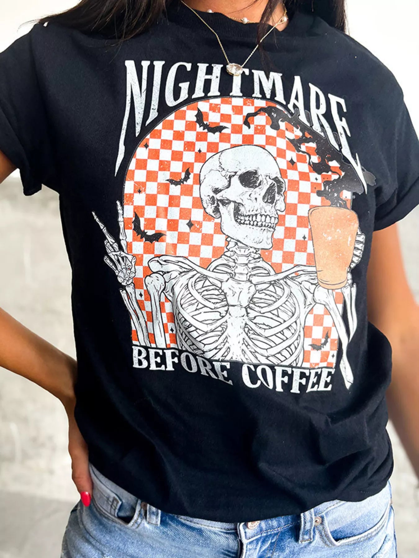 Halloween Skull Checkerboard Graphic Tee – Round Neck T-Shirt