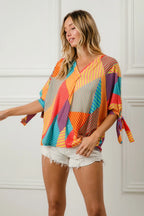 Geometric Print V-Neck Blouse – Colorful, Lightweight & Feminine