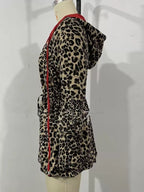 Leopard-print hooded jacket with red drawstring waist, back view on mannequin