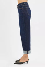 Risen Mid Rise Stretch Ankle Jeans with Wide Roll Cuffs